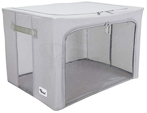 Periea ‘Beau’ Folding Collapsible Stackable Fabric Home Storage Boxes with Steel Frames (Grey, Large)