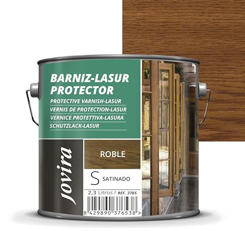 JOVIRA PINTURAS. BARNIZ LASUR PROTECTOR SATINADO (7 colores) Protege, decora y embellece todo tipo de madera (2,3 Litros, Roble) H-34
