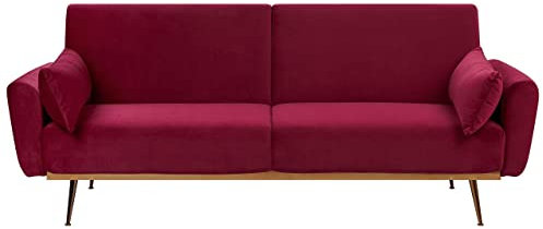 3-Sitzer Schlafsofa Samt rot mit Kissen hohe Metallbeine kupfer Retro-Stil Eina