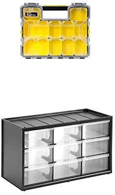 Stanley FatMax Werkzeug-Profi-Organizer (45 x 7 x 36 cm, flache Fächer) + Stanley Kleinteilemagazin / Sortimentskasten (36.5x21.3x15.5cm, mit neun Schubladen, geeignet für Wandmontage)