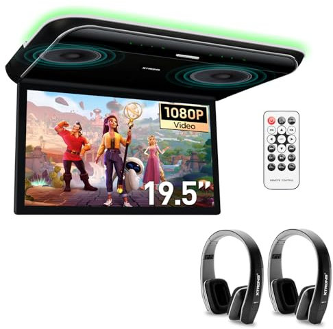 XTRONS 19.5“ HD Digital TFT 16:9 Screen Car Overhead Video Ultra-Thin Car Roof Mounted Player with Built-in HDMI/AV/USB Speakers and Colourful Aura Light with 2 pcs IR Headphones (Black)