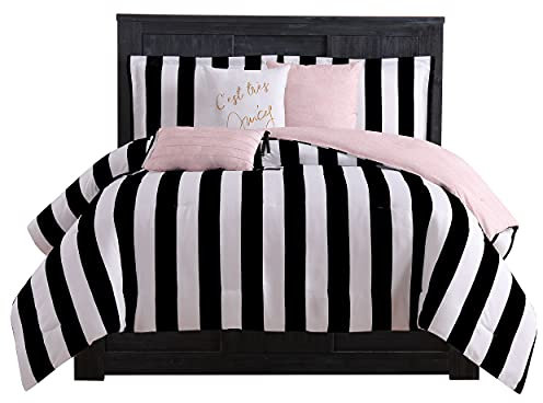 Juicy Couture Cabana Stripe Wende-Bettwäsche-Set, Queen-Size-Größe, schwarz-weißer Streifendruck, 6-teiliges Set, enthält 1 x 228,6 x 228,6 cm Bettdecke, 3 dekorative Kissen, 2 Kissenbezüge