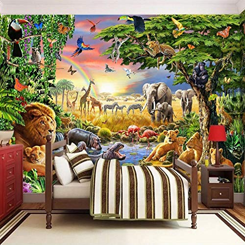 Tapeten Afrika Grasland Wald Tiere Fototapete 3D Vlies Wandtapete XXL Moderne Wanddeko Wandbilder Wohnzimmer Schlafzimmer Wand Dekoration 140x100cm