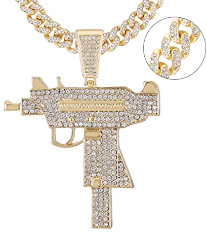 zxcs Submachine Pistole Mode Kuba Kette Anhänger Männer Euro ausgefrischt Kristall Gold/Silber Farbe Charm Halskette Hip Hop Schmuck Kubanische Halskette-Gold 13MM Chain,24inch