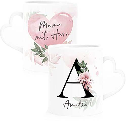 SpecialMe® Kaffee-Tasse mit Name Spruch Herz-Henkel Initiale Monogramm Dankeschön personalisierte Geschenke Mama weiß Herz-Tasse