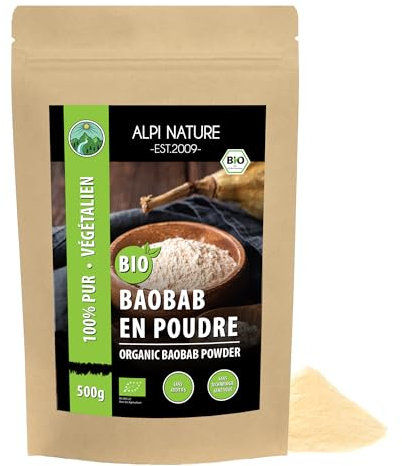 Alpi Nature Poudre de Baobab BIO 500g, Fruit de Baobab Séché et Moulu, Poudre Sans Gluten