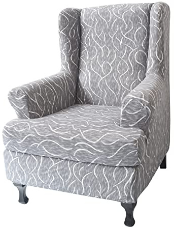 Lukery Ohrensessel Bezug 2 Teilig, Ohrensessel Überzug Stretch Ohrensessel Überwurf mit Armlehnen Husse für Ohrensessel Sesselbezug Elastisch Waschbarer Sesselschoner (One Size,Graue Wellen)