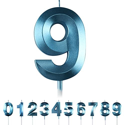 Birthday Candles Numbers 9, Blue Birthday Candles, 3D Diamond Shape Cake Candles Number 0 1 2 3 4 5 6 7 8 9 Glitter Cake Topper Decoration for Wedding Birthday Anniversary