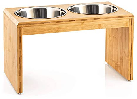 Gamelles surélevées - pour Chiens et Chats - Supports surélevés en Bambou avec 2 gamelles d'eau et de Nourriture en Acier Inoxydable - avec Pieds antidérapants (Deux Bols (Bois Naturel))