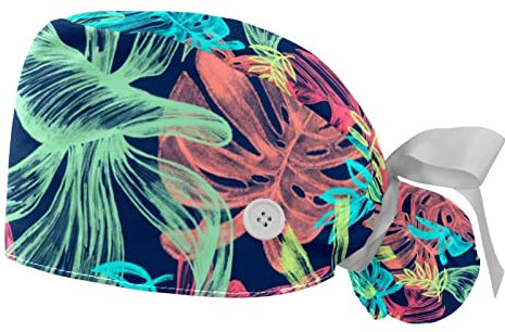 2 Packs Working Cap with Buttons and Ribbon Tie for Women Long Hair, Adjustable Cotton Sweatband Working Hat Ponytail Holder, Tie Back Hats, Tropical Plants Blue Green Red Palm Leaves