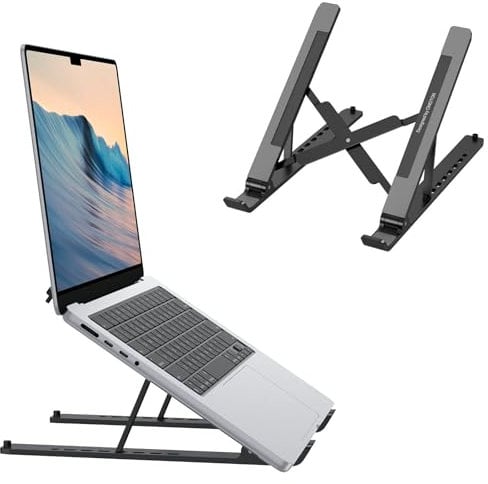 OMOTON Laptop Stand Adjustable, Foldable Plastic Laptop Riser, Portable Ventilated Cooling Laptop holder Compatible with MacBook Air, MacBook Pro, HP, Dell, Lenovo and More, Black