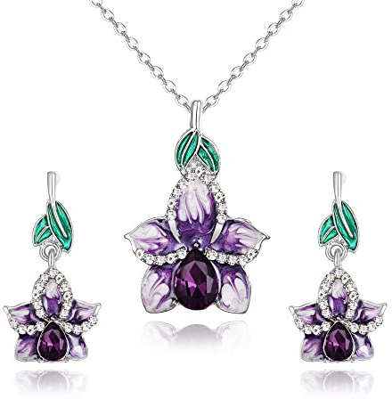 Clearine Orchidee Schmuckset Österreichisches Kristall Emaille Tränen Strass Blume Anhänger Halsketten und Ohrringe Set für Damen