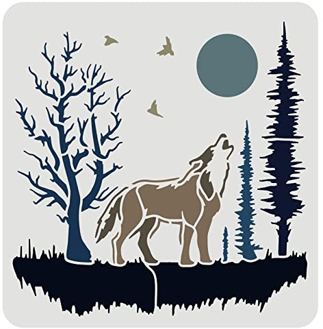 FINGERINSPIRE Wolf Schablone für Malerei 30x30cm Kunststoff Wald Bäume Handwerk Schablonen Mond Vögel Große Schablone Wald Wolf Schablonen Vorlage für Malerei auf Holz, Stoff, Wände und Fliesen