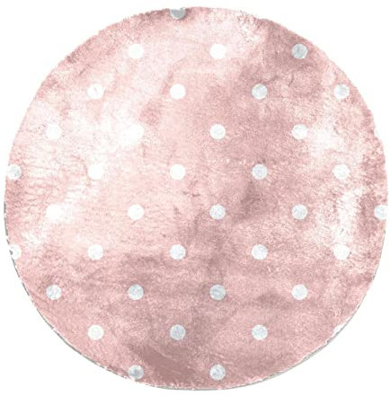 Tapis de sol moelleux personnalisé en peluche - Tapis de sol rond rose pastel à pois blancs en fausse fourrure