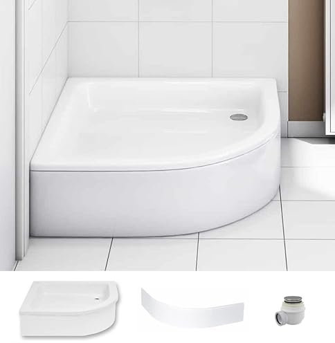ECOLAM® Duschwanne Duschtasse Grawello Viertelkreis 80x80 x26 cm Tiefe 12 cm R55 Acryl weiß auf Styroporunterseite + Siphon + Acrylschürze sehr stabil
