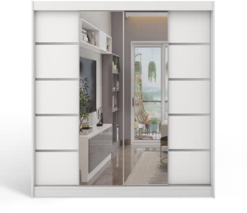 ML Furniture B5 Schiebetüren Kleiderschrank 200 x 215 cm mit Spiegel - Schlafzimmermöbel, Aufbewahrung - Mehrzweckschrank - Farbe: Weiß - 2 Schiebetüren