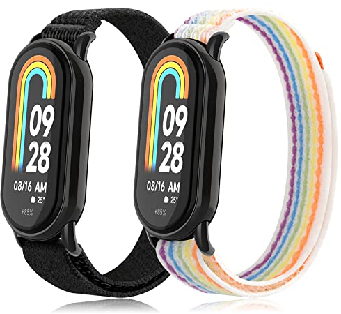 SITAFU Lot de 2 bracelets compatibles avec Xiaomi Mi Band 8, élégant nylon élastique sangles sport réglables bracelet de rechange compatibles avec Xiaomi Mi Band 8 - noir + arc-en-ciel