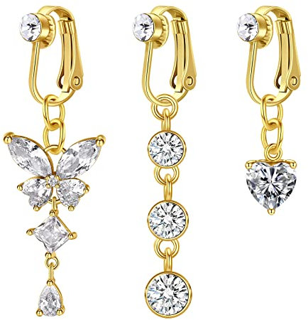 D.Bella Faux piercing de nombril à clipser en acier chirurgical - Faux piercing de nombril - Faux boucles d'oreilles en forme de cœur avec diamant papillon - Bijoux de piercing de nombril - Or et