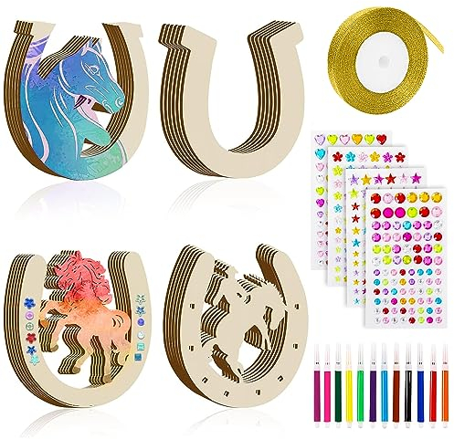 Lonimia Hufeisen Deko set, 24 Stück Scheiben Hufeisen mit 4 Strassaufkleber, 12 Aquarellstift & 1 Rolle Glitzerband, für Geburtstagsdeko Party Hochzeiten Babypartys Kranzdekorationen DIY Dekoration
