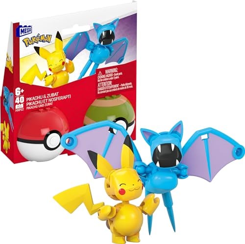 Mega Pokémon Coffret de Construction Pikachu et Zubat, avec Figurines articulées, 40 pièces et des Poké Balls, Cadeau pour Enfants, HXP12