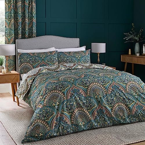 Dreams & Drapes - Blaugrüner Jacobean Bettbezug – Super-Kingsize-Bettwäsche (260 x 220 cm) – wendbare Designs – 2 Kissenbezüge – marokkanische böhmische Bettwäsche in Blau – exotischer persischer