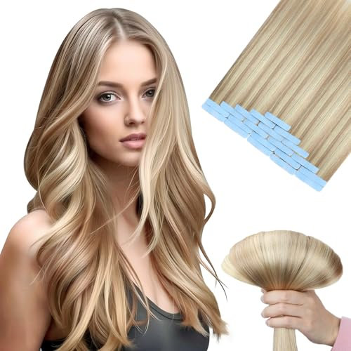 Tape Extensions Echthaar, Unsichtbare Tape-in Extensions Echthaar, 100% Remy Echthaar, Seidig & Volle Spitzen, Aschblond und Bleichblond #P18/613, 20 Stück, 50g, 55cm,Wiederverwendbar,Haarverlängerung