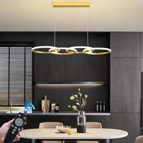 Pendelleuchte moderne dimmbare Hängelampe LED Esstischbeleuchtung 3000 K-6500 K höhenverstellbar Esszimmer Kreis Design kreativer Stil Lampe Esstisch Schreibtisch Deckenleuchte Kronleuchter(Color:Gold