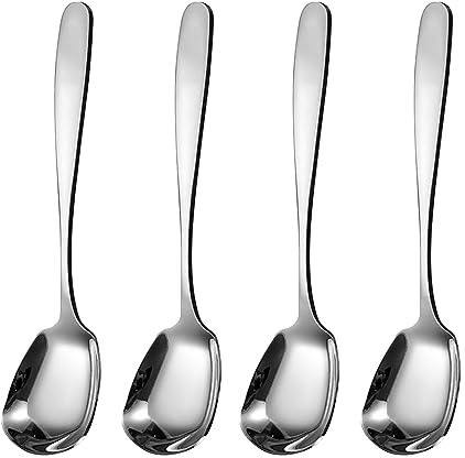 MIUPOO Square Head Dinner Soup Spoons,Flat Square Stainless Steel Tablespoons,Chinese Silver Spoon,Heavy Duty Asian Thick Long Handle Spoons,7 Inches/18.5 cm,Set of 4.