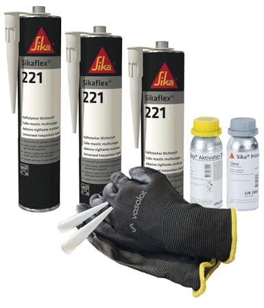 Sikaflex 221 weiß 3x 300ml Kleb- und Dichtstoff mit Aktivator 205 und Primer 210 - ideal zur Abdichtung von Buntmetall mit 5 Düsenspitzen