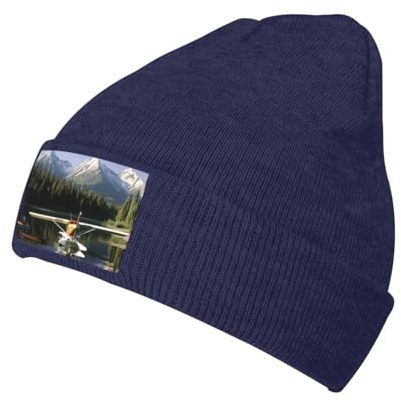 UPGENT Bedruckte Beanie-Mütze für Herren und Damen, Motiv: Flugzeug am See, warm, Schwarz, Marineblau, Einheitsgr��e