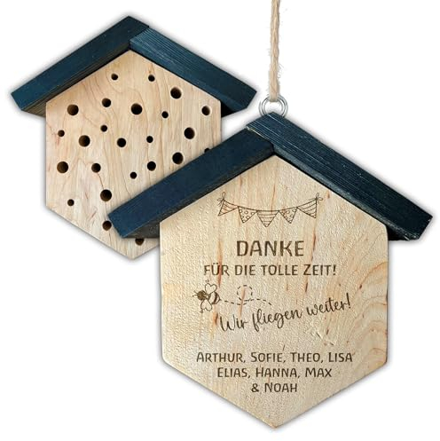 Insektenhotel zum Kita-Abschied mit Namen personalisiert, Bienenhotel aus Holz, Geschenk für Erzieherin Tagesmutter Lehrerin zum Kindergarten Abschied, Danke für die tolle Zeit Wir fliegen weiter