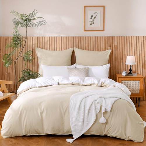 ATsense Bettwäsche 155x220 Baumwolle 2teilig, Beige Bettwäsche-Sets 100% Gewaschene Baumwolle mit Leinen Textur, Oeko-TEX für Allergiker 1 Bettbezug mit 1 Kissenbezüge 80x80 cm
