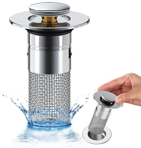 Lot de 2 bouchons de lavabo universels Pop Up 34-40 mm avec tamis à cheveux pour lavabo, salle de bain