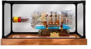 Vitrina acrílica, para Lego 21313 modelo de barco en botella, vitrina transparente a prueba de polvo. (solo caja de exhibición) (base de grano de madera)