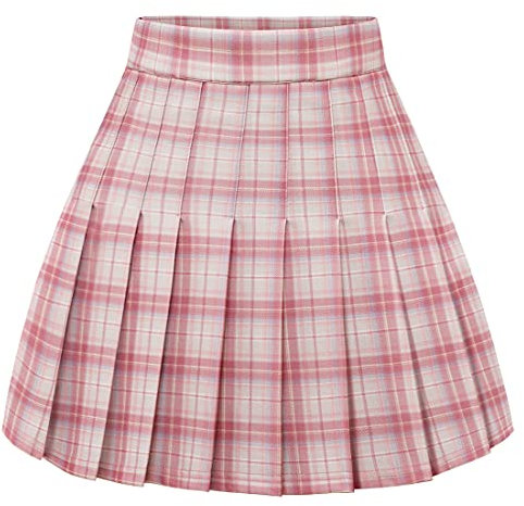 Timormode Faltenrock Damen Elastische Hohe Taille Röcke A Linie Mädchen Karierter Rock Skater Mini Rock Pink White Plaid L