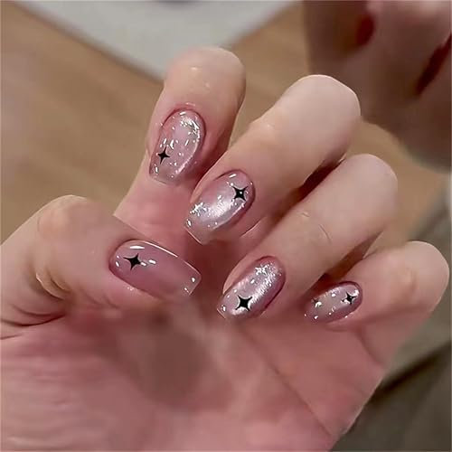 Short Coffin Press-On Fake Nails Black Stars Nail Art Decoration Ice Through Cat's Eye Manciure for Women and Girls 24pcs