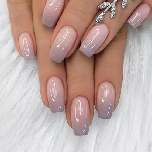 Ceboic 24pcs French Tip False Nails Square Ballerina Pink Purple Gradient Press on Nails Glossy Fake Nails Full Cover Removable Stick on Nail for Women DIY Nail Art