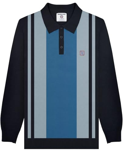 Lambretta Mens Vintage Panel Long Sleeve Mod Polo Shirt Top - Navy - L