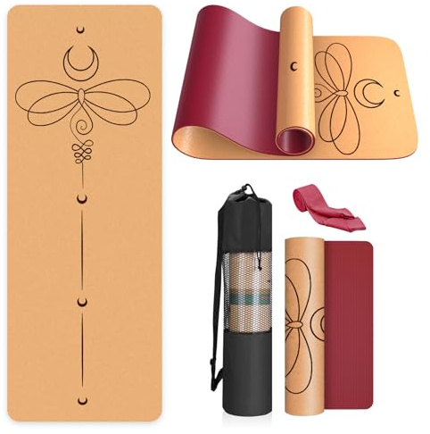 Yoga Mat Natural Cork 100% High Density Ecological Exercise Mat 183 x 61 x 0.4 cm with Carrying Strap for Home, Pilates, Gym and Training - Burgundy Dragonflies