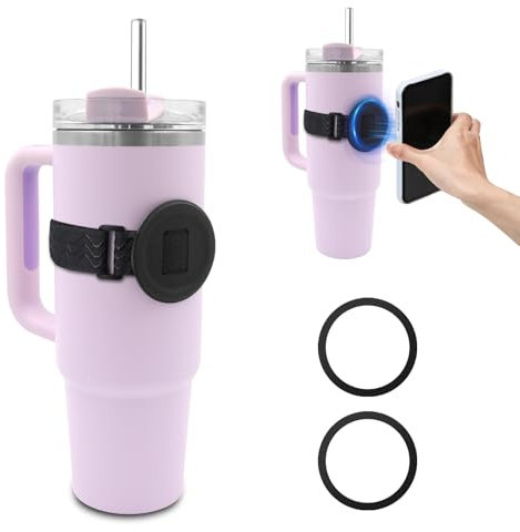 Water Bottle Phone Holder for MagSafe, Magnetic Holder Upgrade Silicone Anti-slip Adjustable Strap for Stanley Cup Gym Accessories, for iPhone & AirPods Owala Simple Modern Water Bottle w/2×Metal Ring