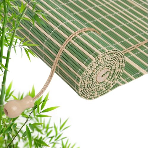 LCBDYLR Retro Bamboo Roller Blinds Customizable size, Natural Wood Window Shades Blinds Anti-UV Dustproof Decorative Curtain, Screen Partition Blind, for Indoor/Outdoor/Garden Y-Green White