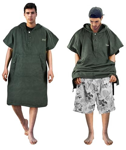 Kato Tirrinia Mikrofaser Bade Surf Poncho für Herren Damen Erwachsene, große Kapuze Strandtuch Poncho, Camping Reisen Outdoor, Kragen Knopf Strand Poncho, Bademantel Bequem Reisen Sauna, Armeegrün