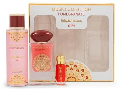Gulf Orchid Musk Collection Pomegranate 3pcs Gift Set – 60 mL Eau de Parfum, 250 mL Body Mist, 12 mL Concentrated Oil – Fresh Fruity Musk Perfume Gift Set for Women & Men