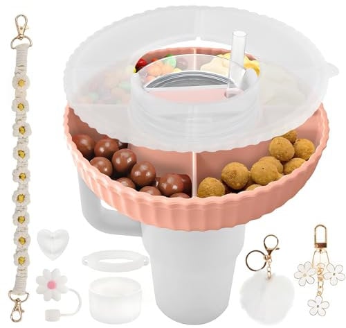 ZOBMIO Lidded Stanley Cup Snack Bowl (40 oz), Silicone Snack Tray with 7 Stanley Cup Accessories, Stanley Cup Tray with 4 Compartments, Movie Theatre Campervan Snack Tray, Nutty Candy, Pink