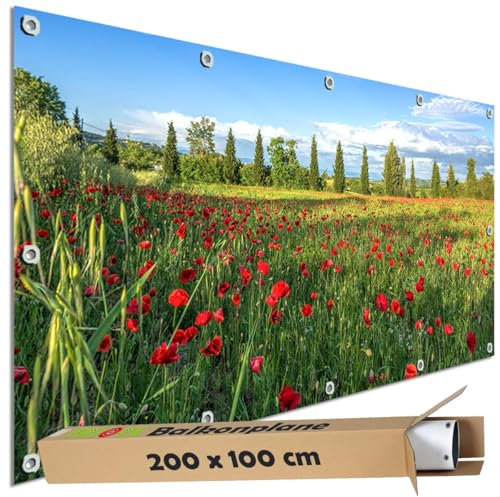 TRIOSK Sichtschutz Balkon Deko Plane Balkonblende Blickdicht mit Motiv Mohn Blumen Feld Wiese für Garten Terrasse Gartenzaun Balkonverkleidung Blickschutz PVC groß 200x100 cm