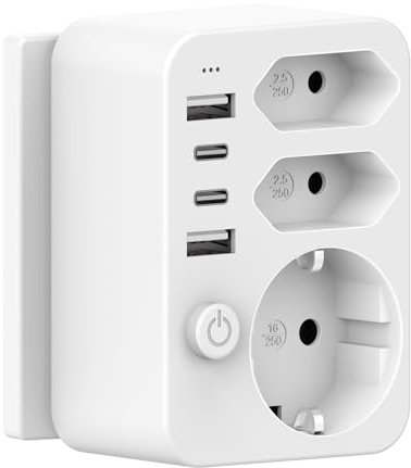HANYEAL Enchufe múltiple con enchufe de red USB, doble enchufe para enchufe USB C, adaptador de enchufe, adaptador de viaje, 4 USB (2 x A + C) 3,4 A, carga rápida, interruptor de seguridad y LED