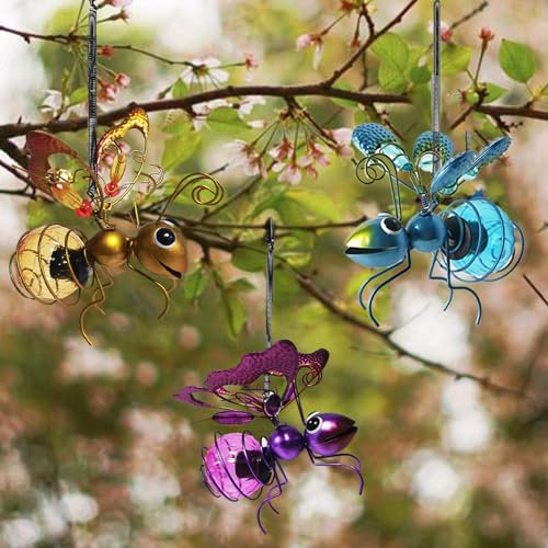 Biene Schmetterling Garten Deko mit Solar Laterne für Außen Gartendeko mit Wetterfest LED Solarlampe, Metall Dekoration Gartenfigur für Innen Draußen Hof und Balkon Garten (3 Stück)