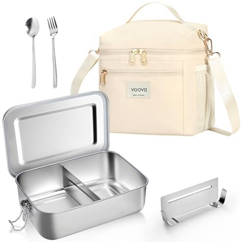 Voova Stainless Steel Lunch Box with Insulated Lunch Bag、Spoon & Fork for Adult Kids, 1200ml Metal Lunch Box with Spare Seal & Movable Divider, Metal Bento Boxes for Travel Work Women Men, Beige