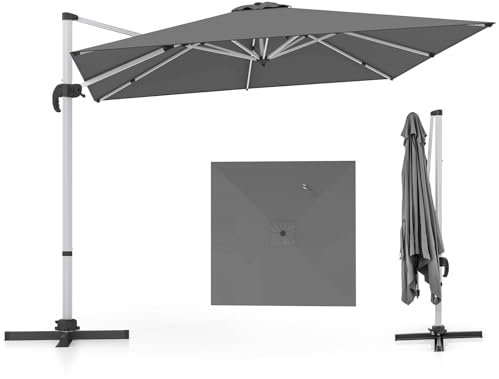 FANTASK Sonnenschirm 360°drehbar, großer Ampelschirm mit Kurbel & Ampelschirm Drehbar,Grau Marktschirm 300 x 300 cm