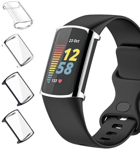 Vozehui 4er Pack Displayschutzfolie Kompatibel mit Fitbit Charge 6/5, TPU Full Coverage Plated Watch Schutzhülle Bumper Shell Cover, Silber＋Transparent＋Schwarz＋Blau